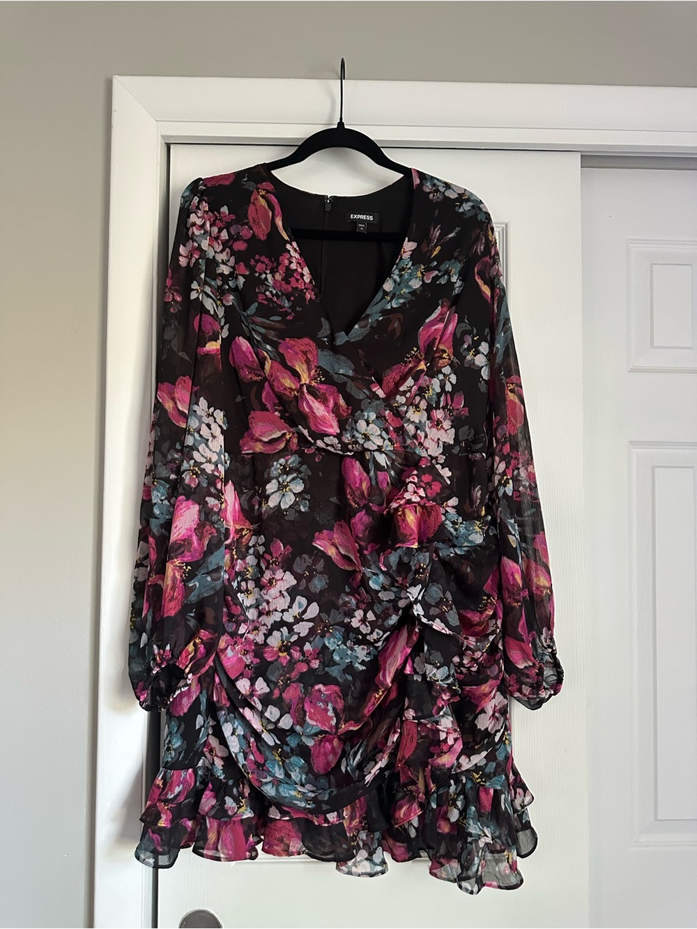 Express Black Floral V-Neck Dress with Pink and Blue Flowers